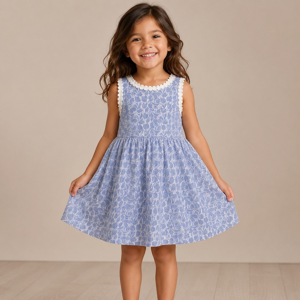 Lilly Pulitzer Dress Seersucker Eyelet Lace Preppy Coastal Size 5 Blue White